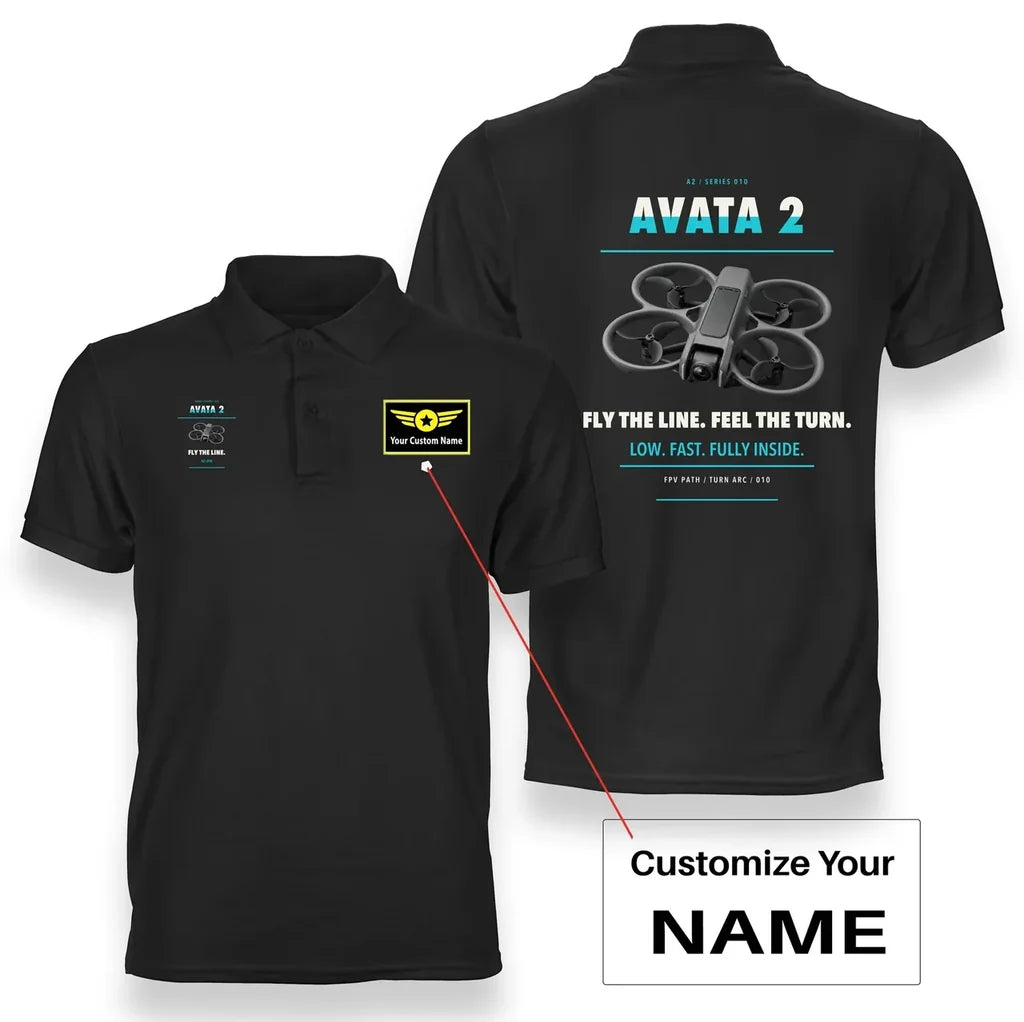 DJI Avata 2 design on black polo with custom name badge