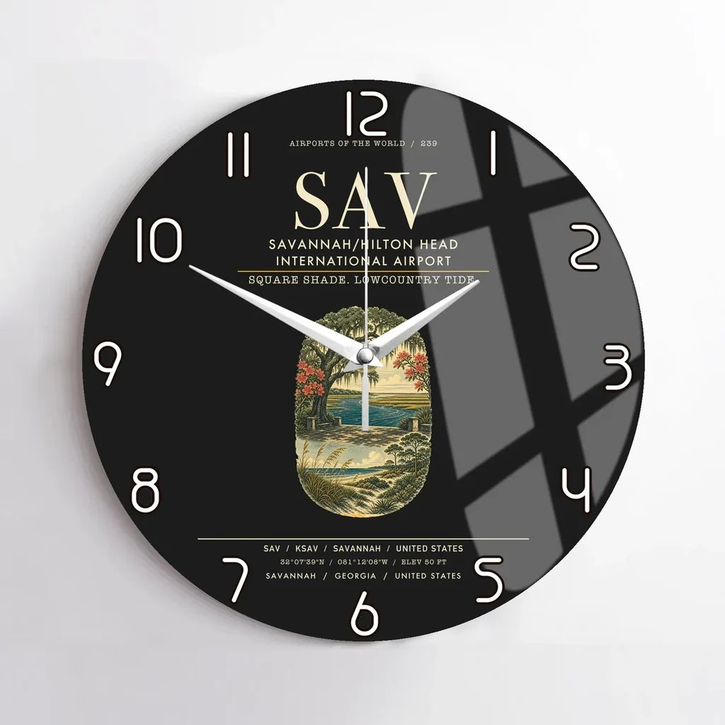 Savannah-Hilton Head International Airport (SAV) design on black no frame wall clock