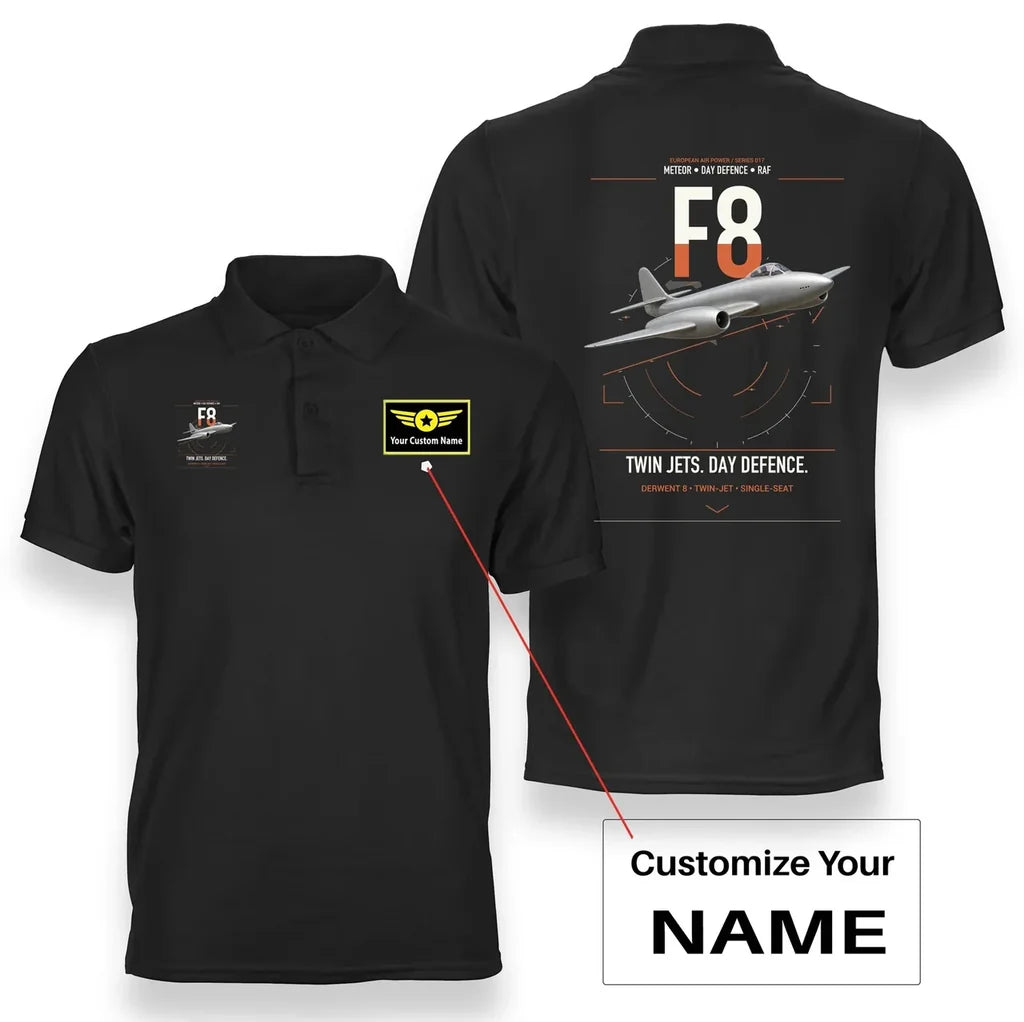 Gloster Meteor F8 design on black+name double-side polo t-shirt, double-side print