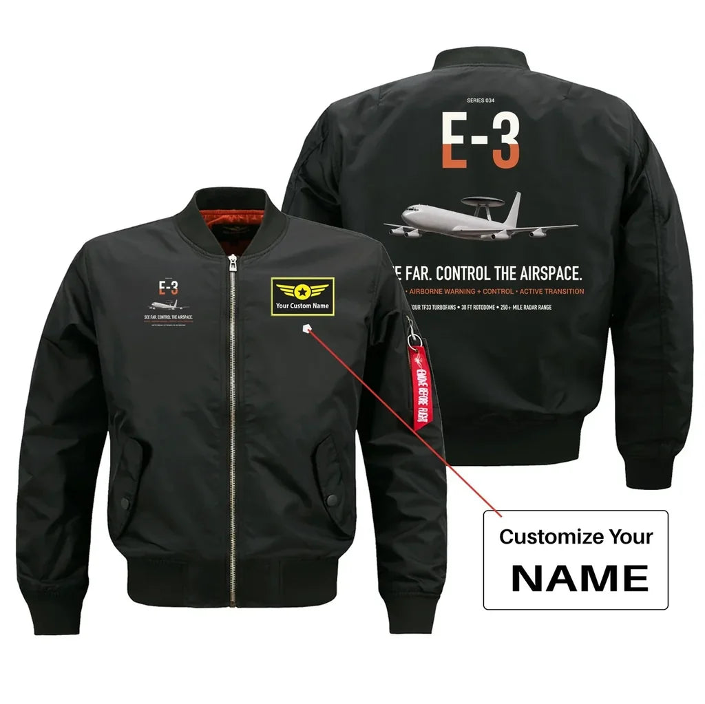 E-3 Sentry AWACS design on black+name bomber jacket, double-side print