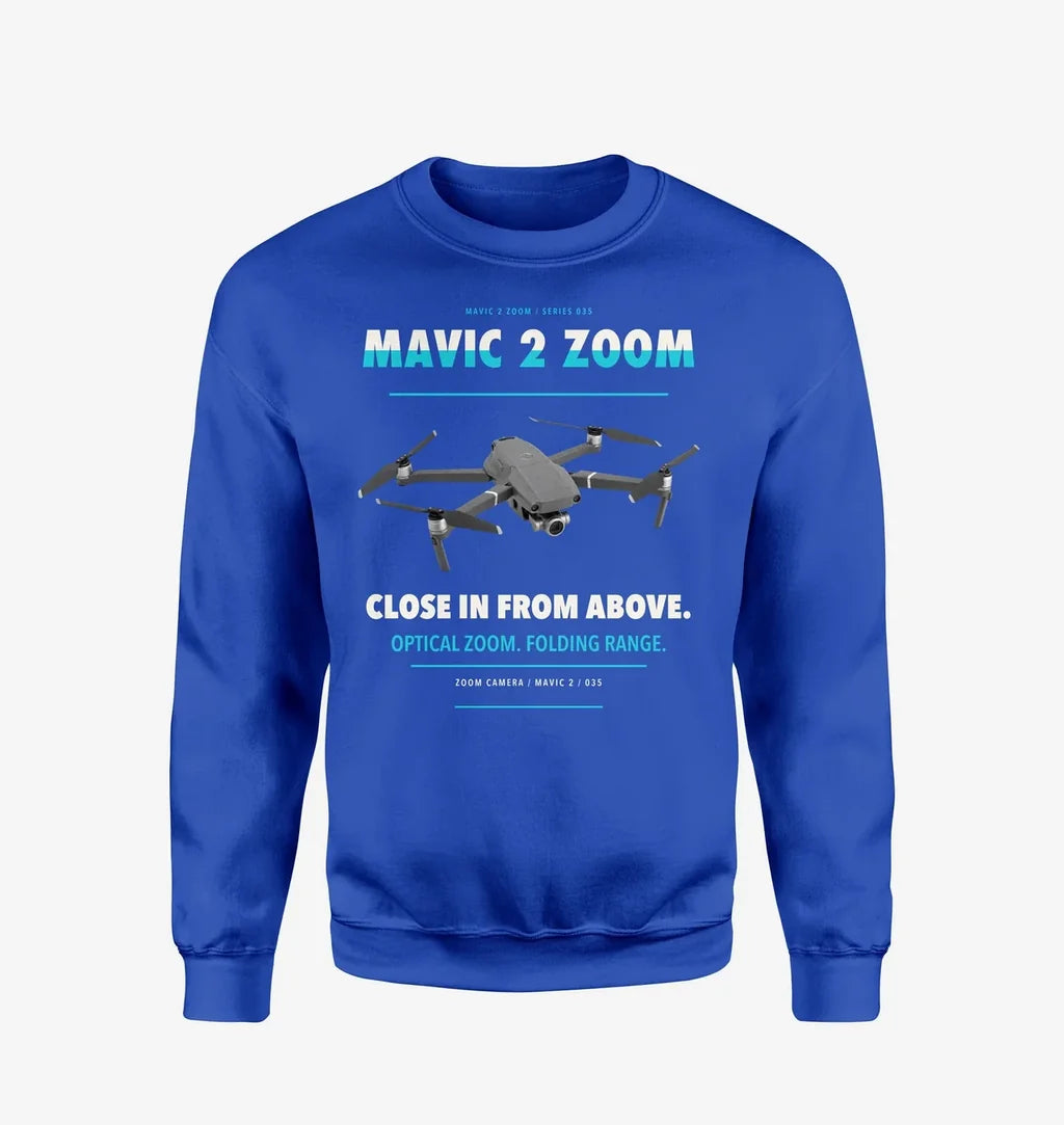 DJI Mavic 2 Zoom design on blue sweatshirt