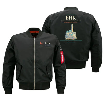 Bukhara International Airport (BHK) design on black bomber jacket
