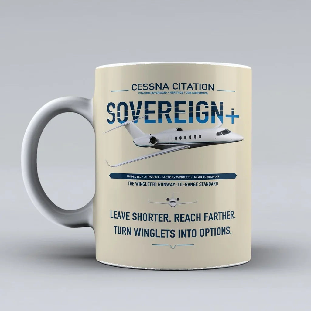 Cessna Citation Sovereign+ design on beige ceramic mug, double-side print