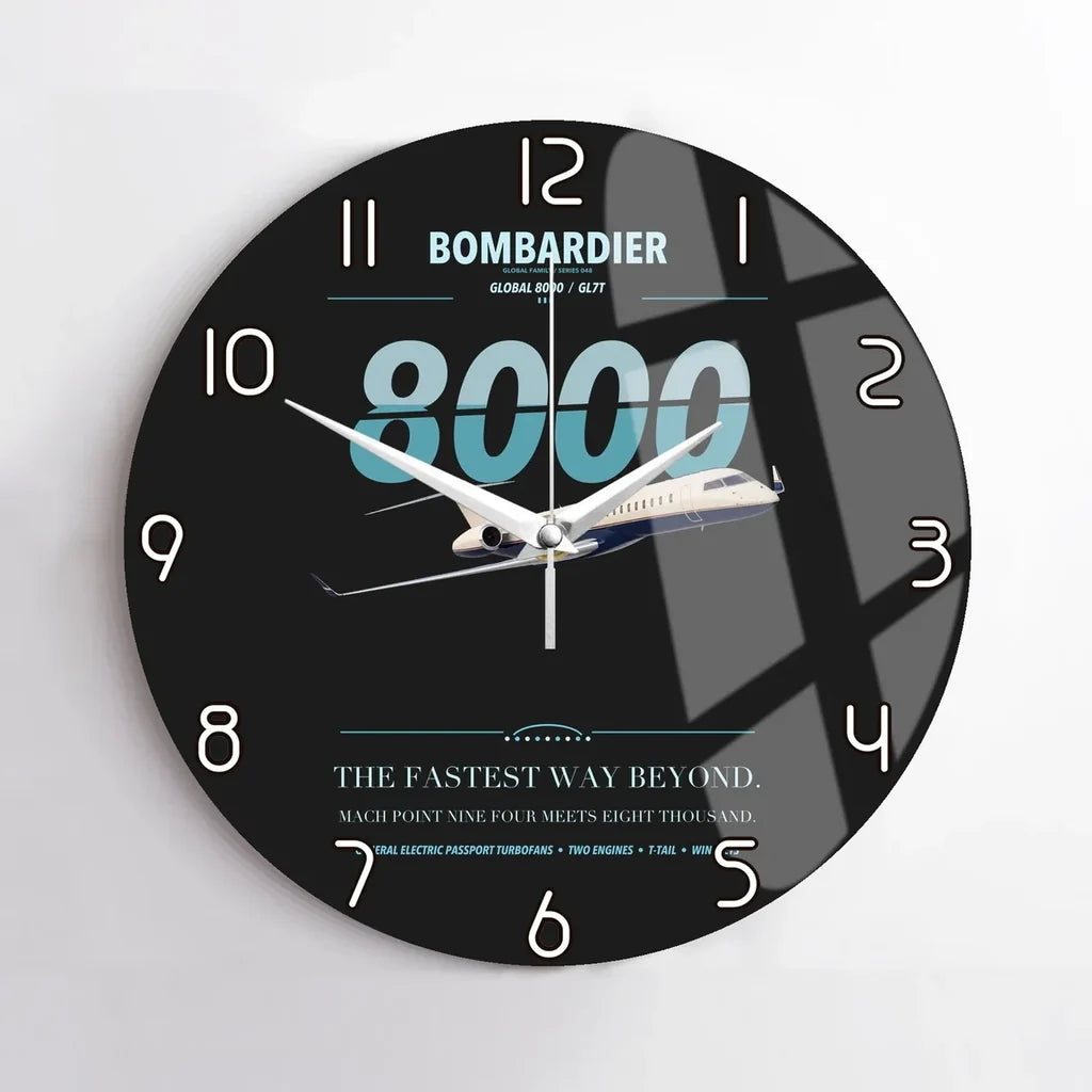 Bombardier Global 8000 design on black no frame wall clock