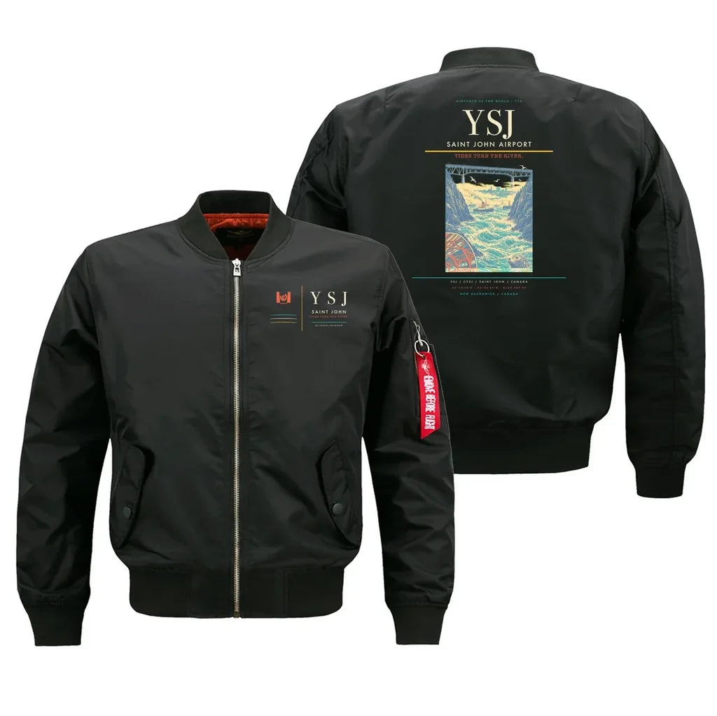 Saint John Airport (YSJ) design on black bomber jacket