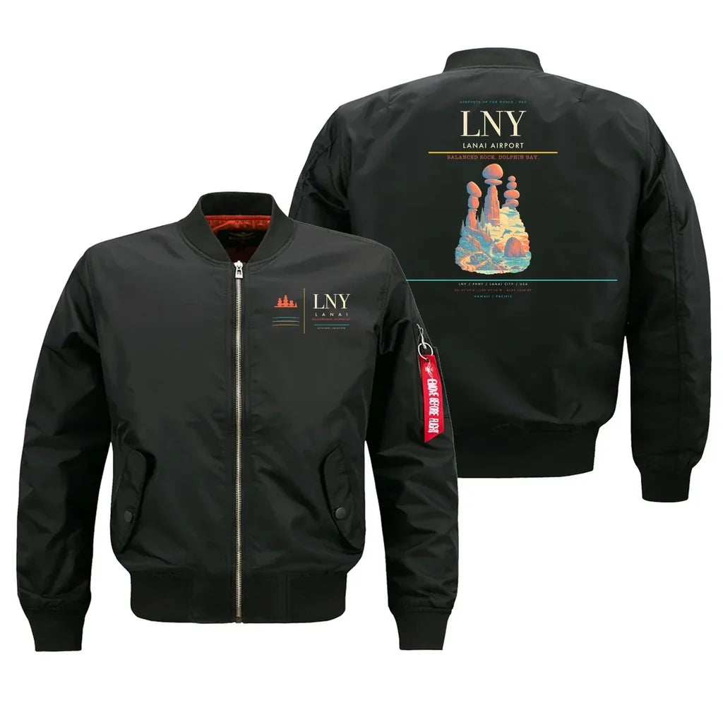 Lanai Airport (LNY) design on black bomber jacket