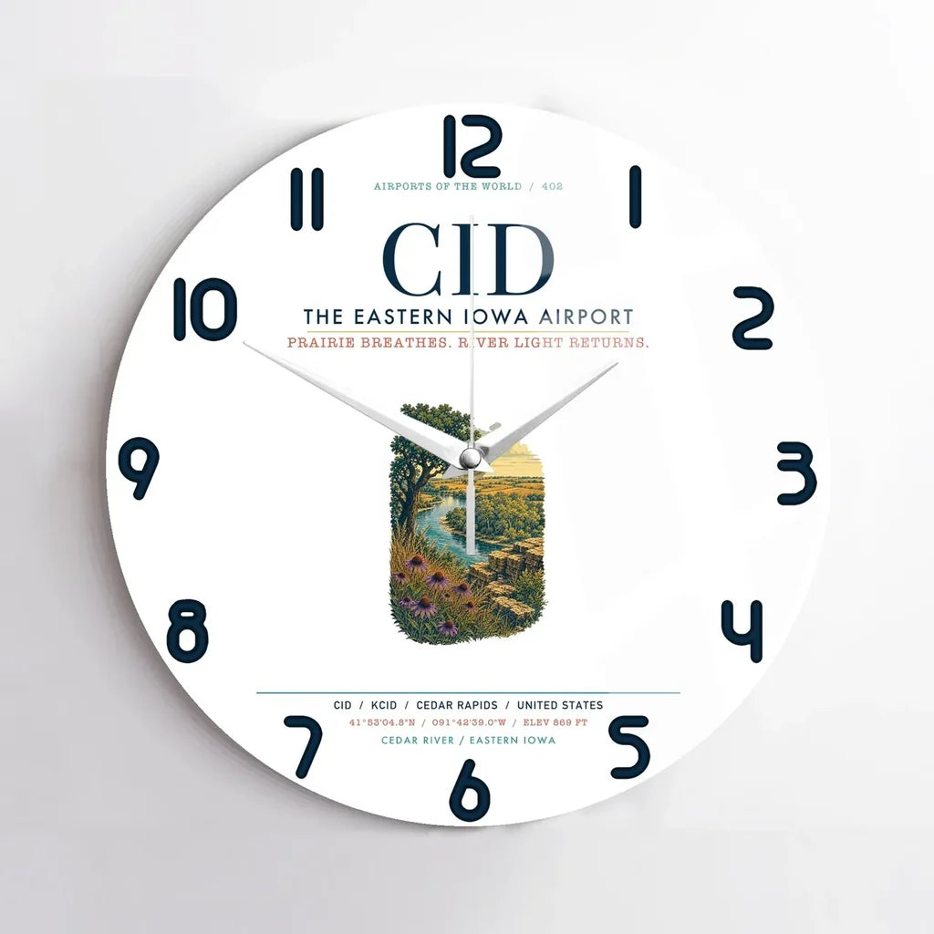 The Eastern Iowa Airport Cedar Rapids (CID) design on white no frame wall clock