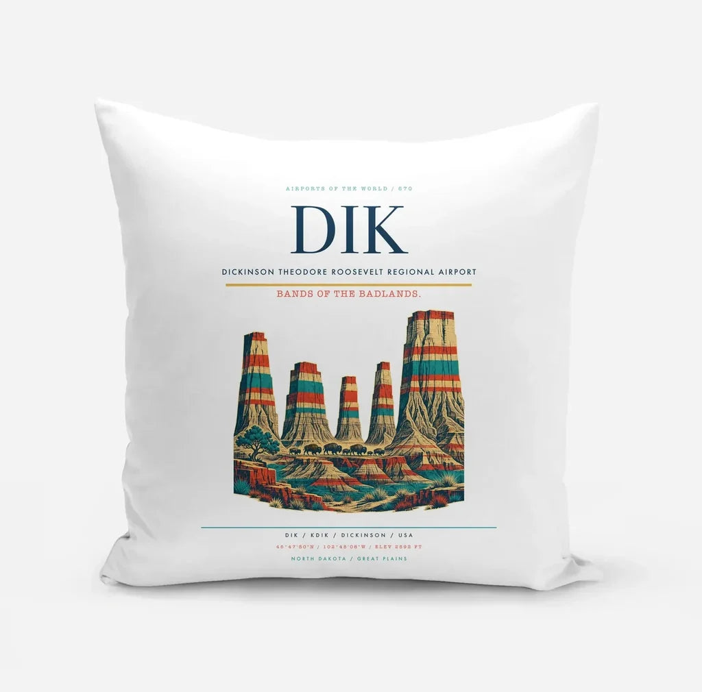 Dickinson Theodore Roosevelt Regional Airport (DIK) design on white pillow
