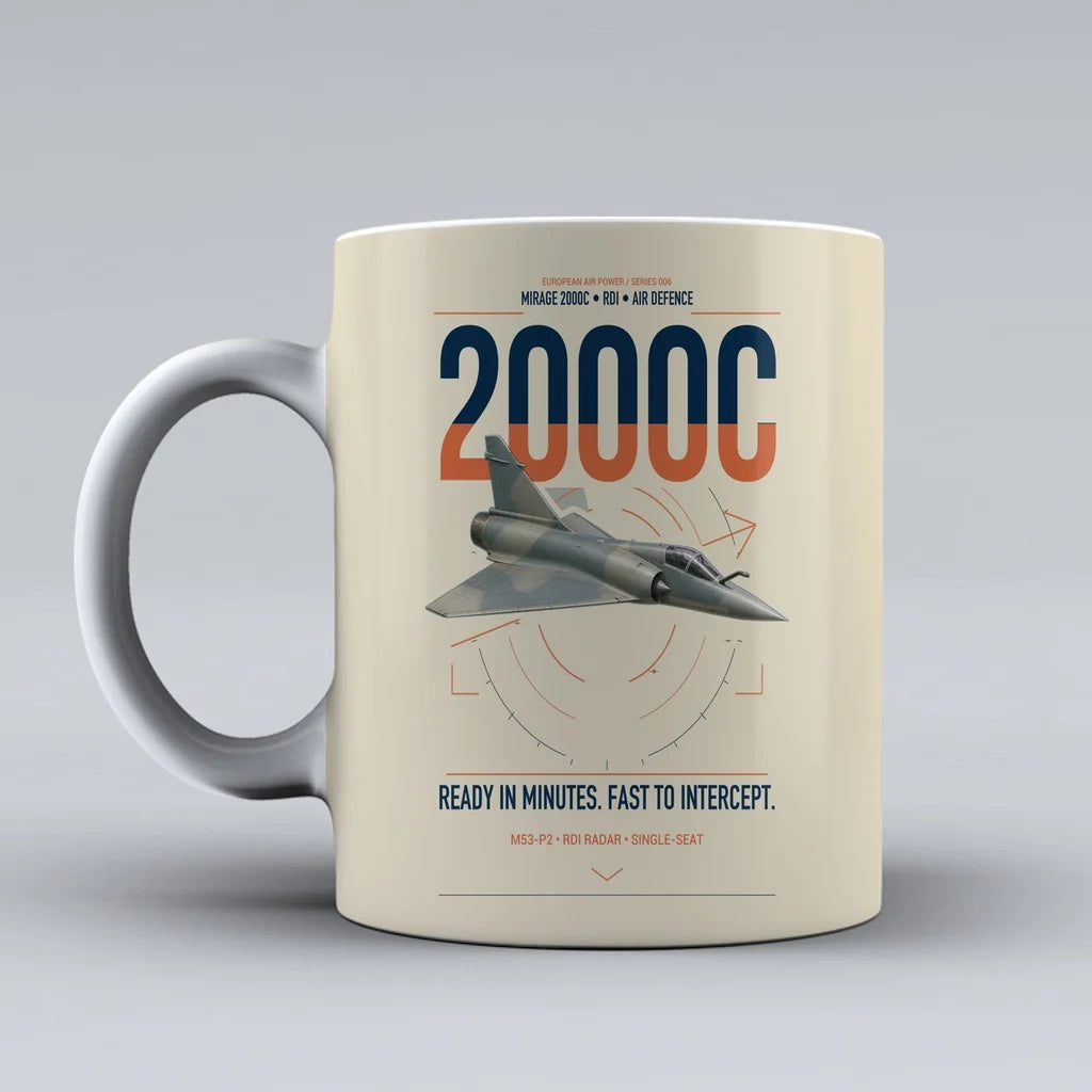 Dassault Mirage 2000C RDI design on beige ceramic mug, double-side print