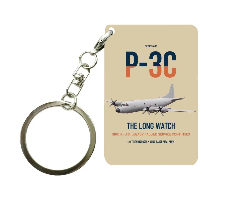 P-3C Orion design on beige designed key chain, double-side print