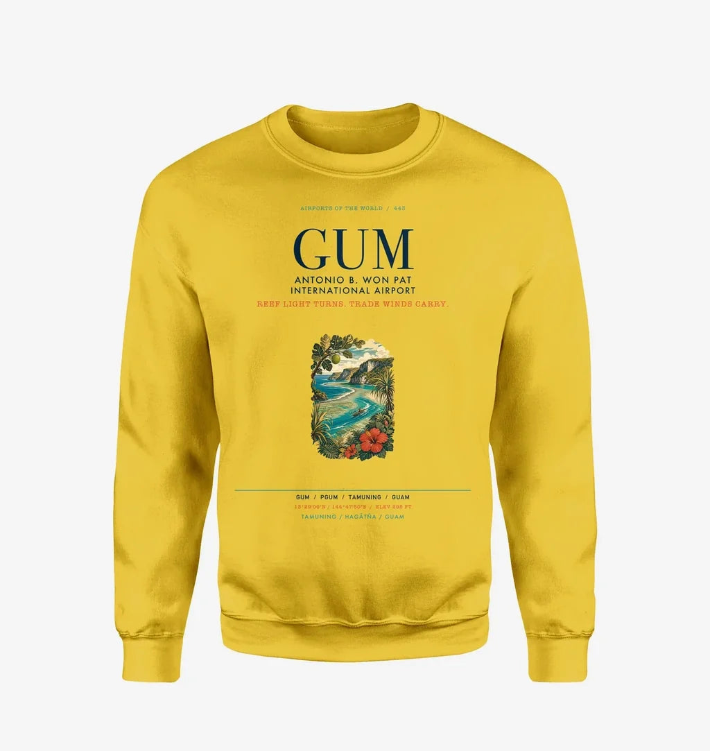 Antonio B. Won Pat International Airport (GUM) design on yellow sweatshirt