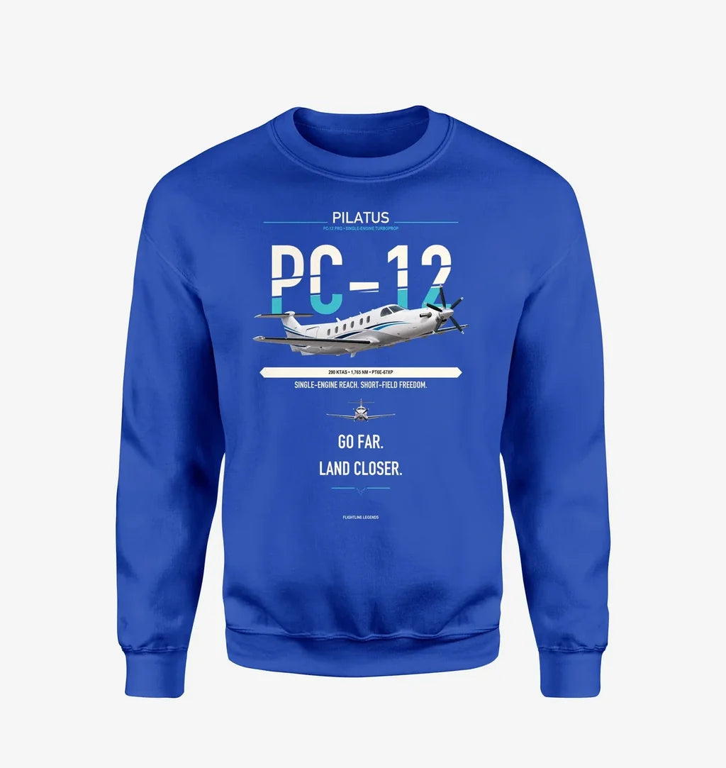 Pilatus PC-12 PRO design on blue sweatshirt