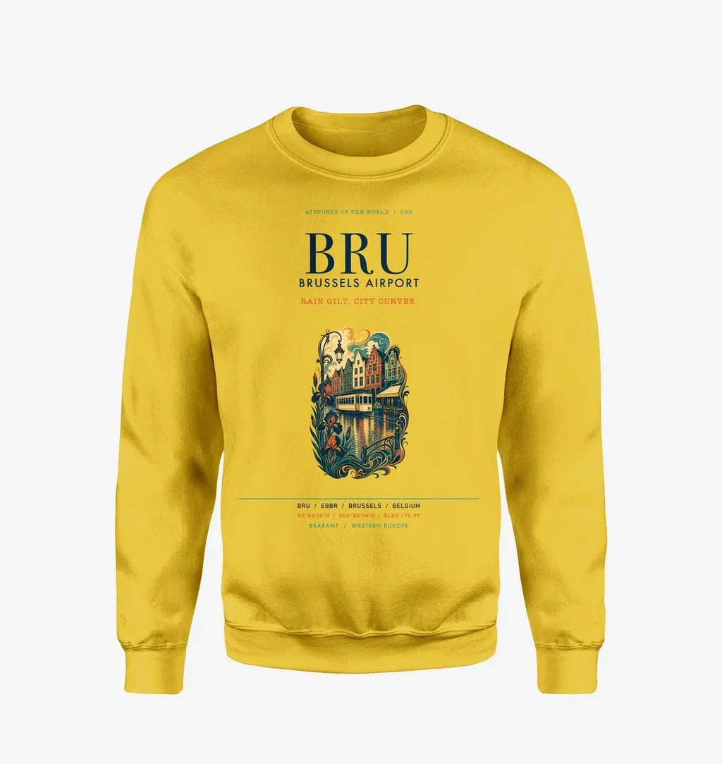Brussels Airport (BRU) design on yellow sweatshirt