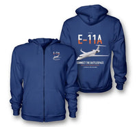 Thumbnail for E-11A BACN design on blue premium zipped hoodie, double-side print