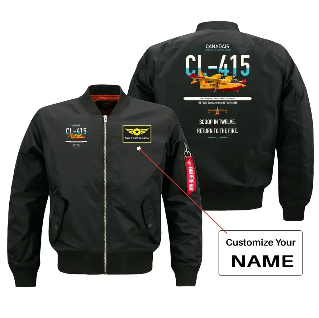 Canadair CL-415 design on black+name bomber jacket, double-side print