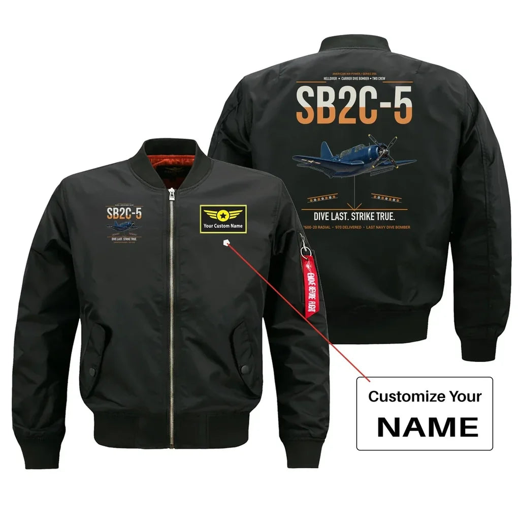 SB2C-5 Helldiver design on black+name bomber jacket, double-side print