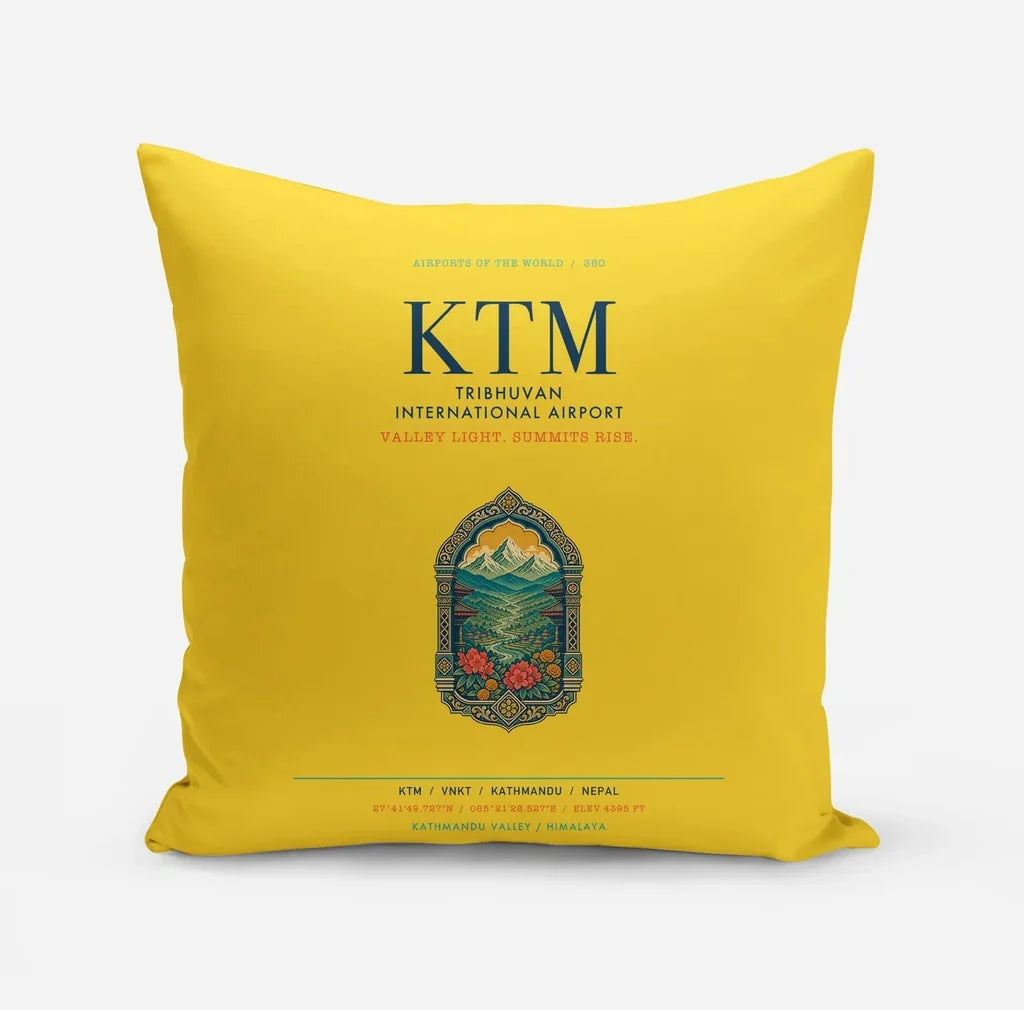 Tribhuvan International Airport Kathmandu (KTM) design on yellow pillow