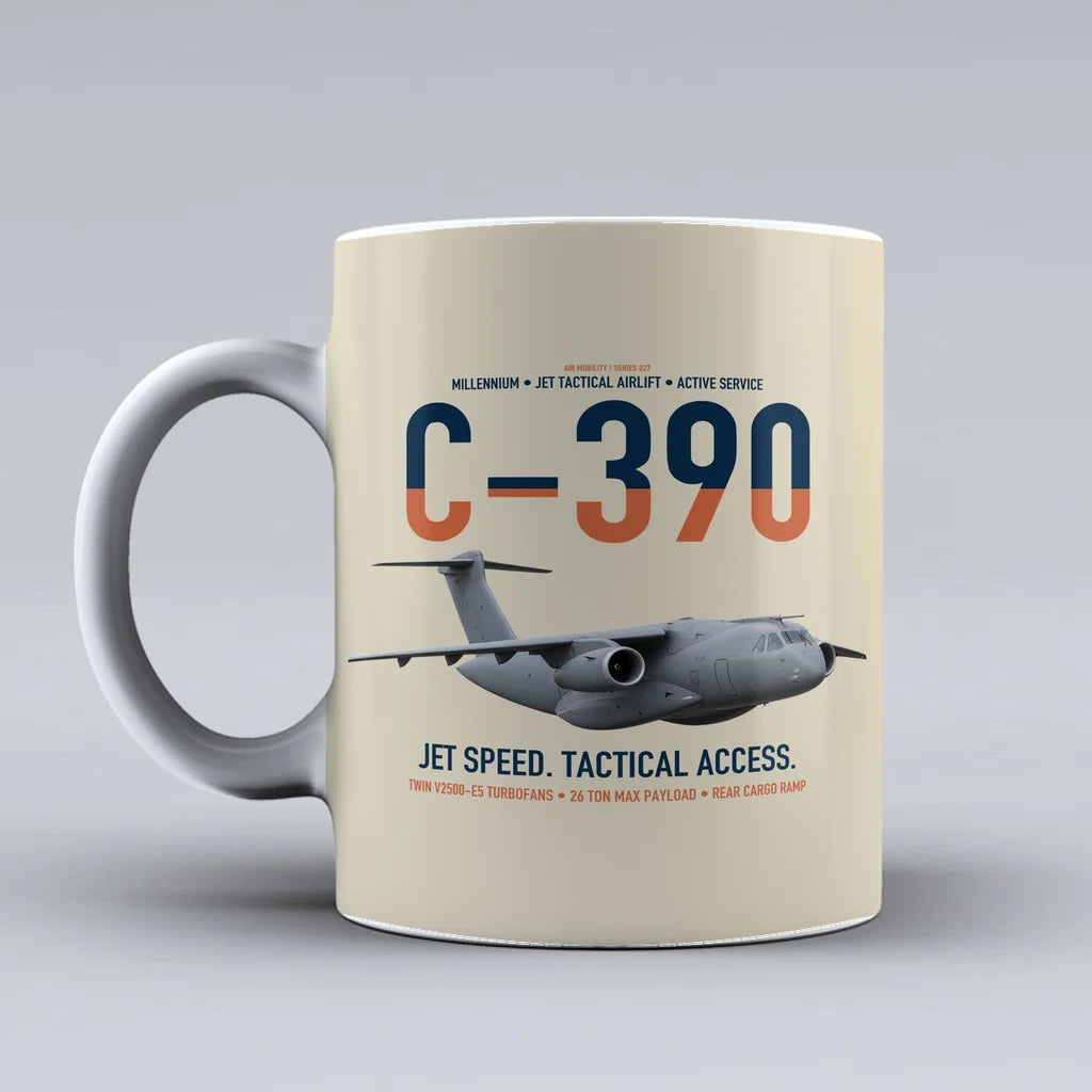 C-390 Millennium design on beige ceramic mug, double-side print