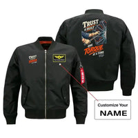 Thumbnail for SIGNAL 590 - Trust Is Built One Torque At A Time - Bomber Jacket design on black bomber jacket with custom name badge