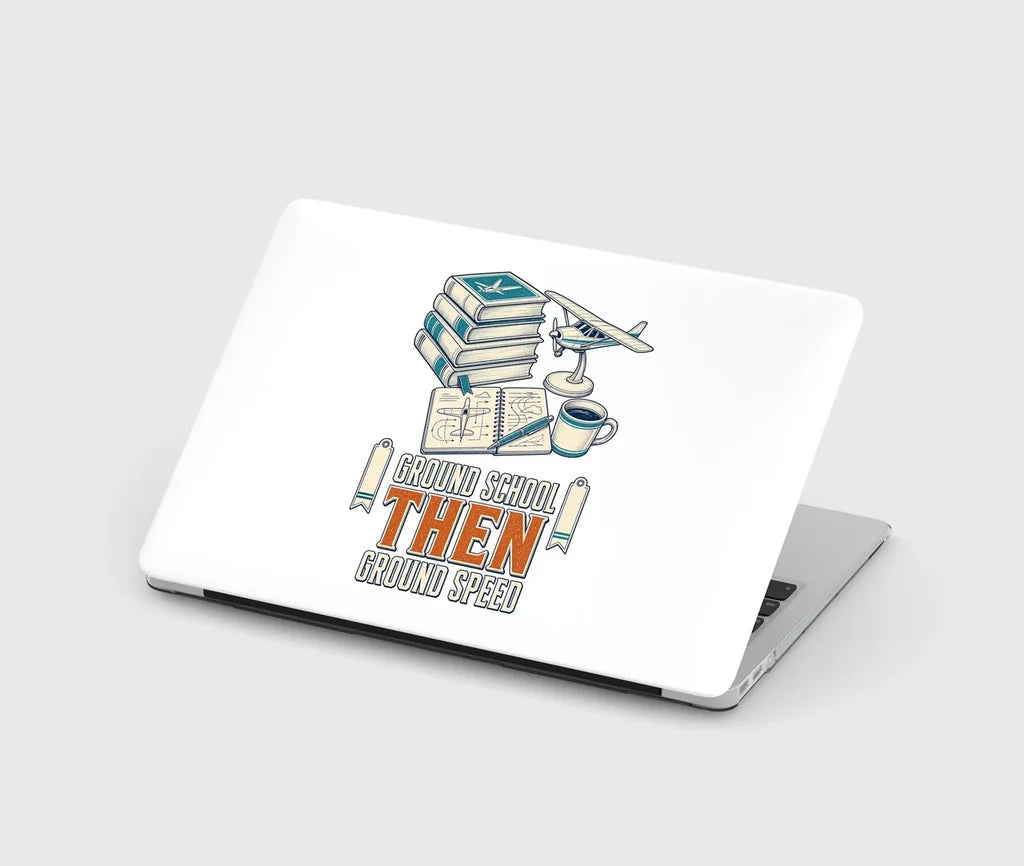 Ground School Then Ground Speed design on white MacBook case