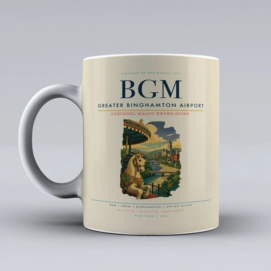 Greater Binghamton Airport (BGM) airport code design on beige ceramic mug