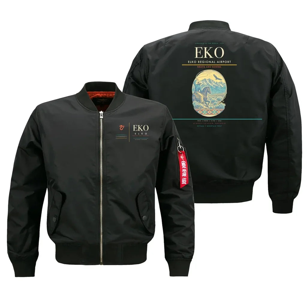 Elko Regional Airport (EKO) design on black bomber jacket