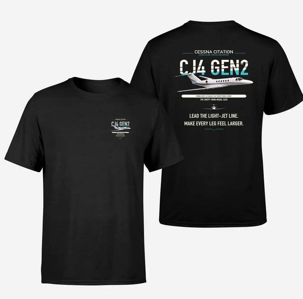 Cessna Citation CJ4 Gen2 design on black double-side t-shirt, double-side print