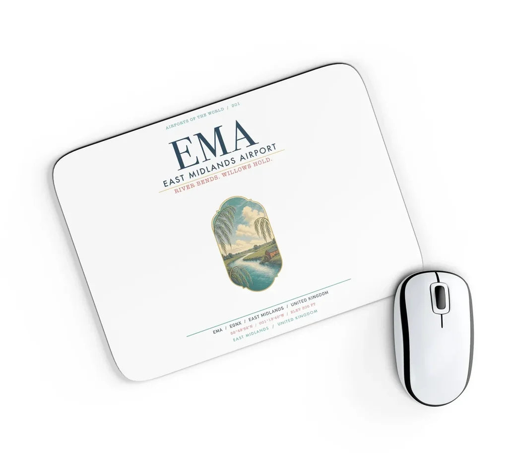 East Midlands Airport (EMA) design on white rectangle mouse pad