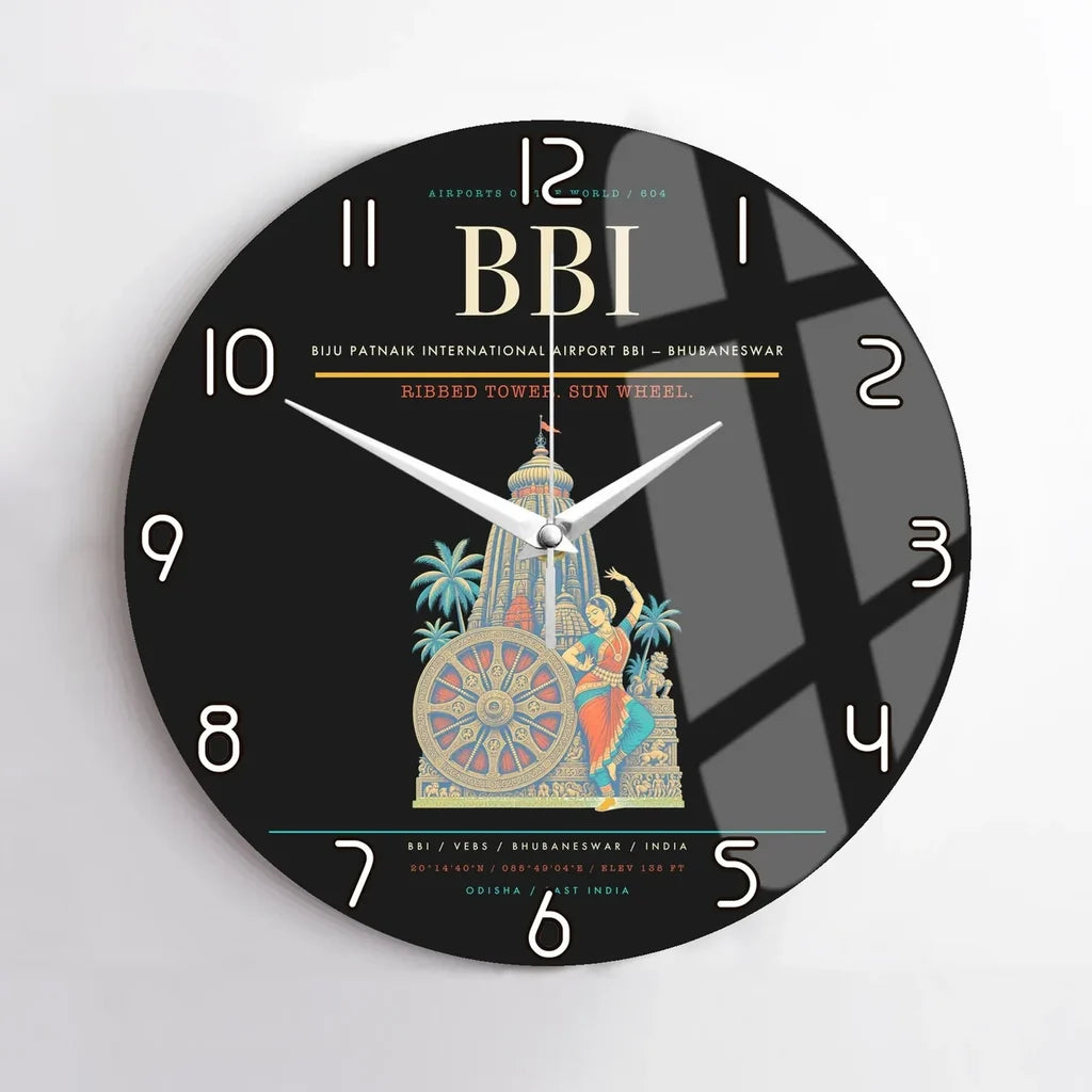 Biju Patnaik International Airport (BBI) design on black no frame wall clock