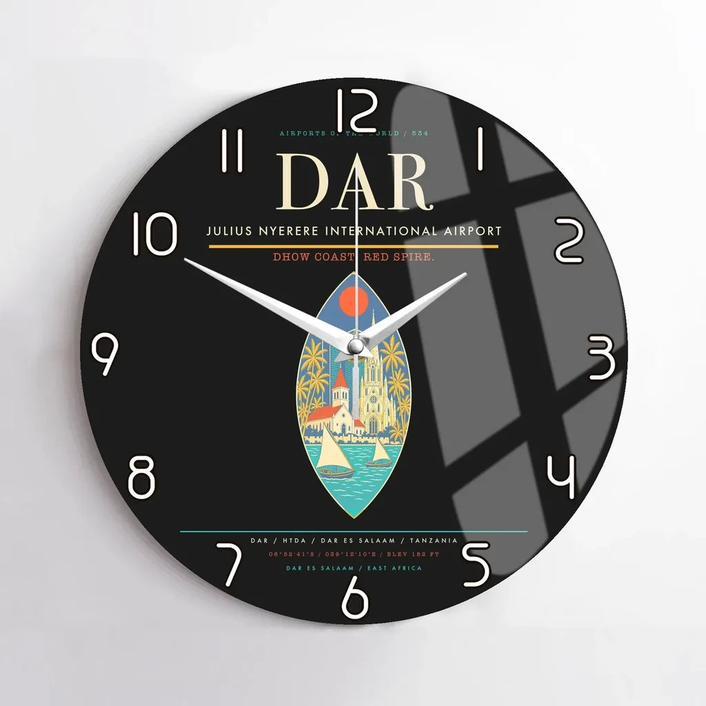 Julius Nyerere International Airport (DAR) design on black no frame wall clock