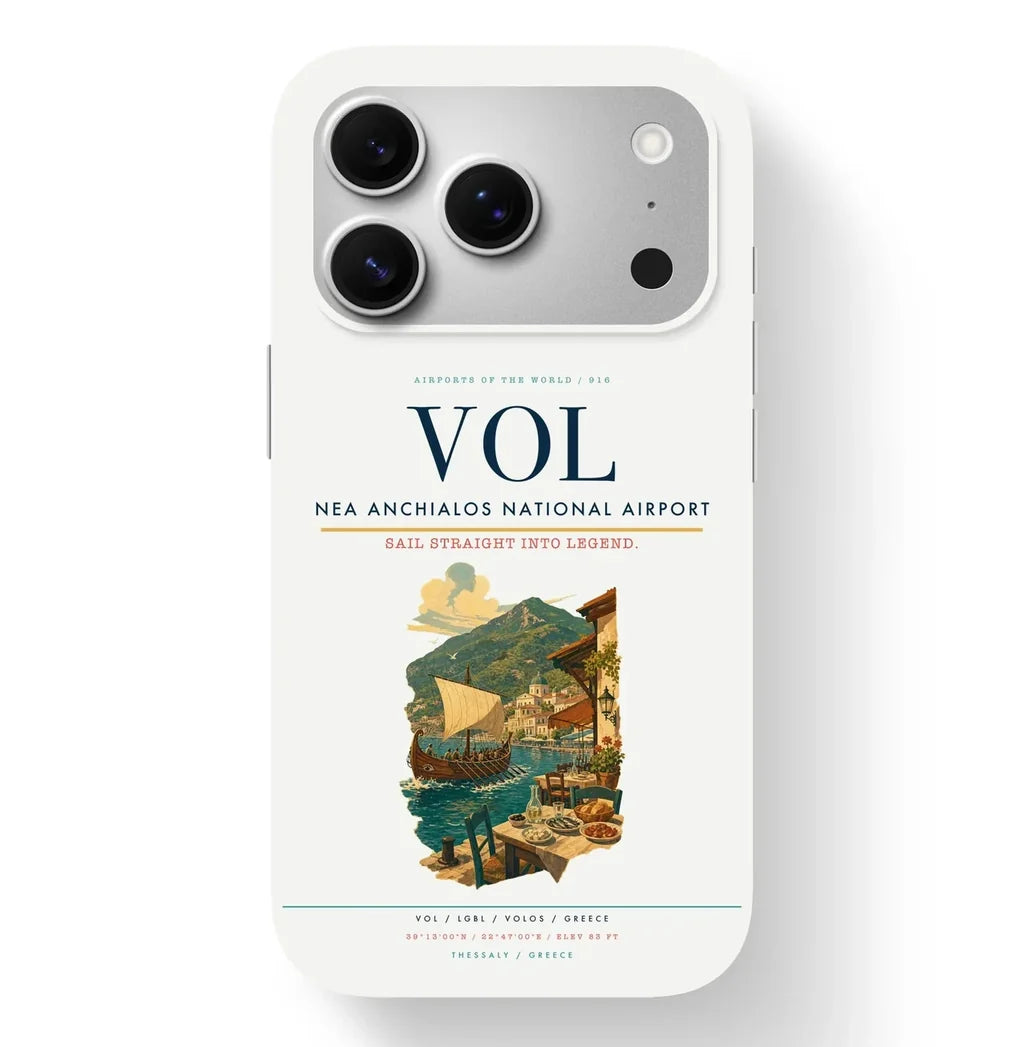 Volos Airport (VOL) design on white iPhone 17 Pro MagSafe case