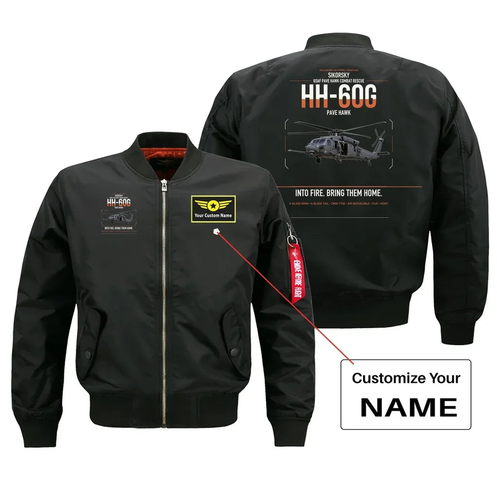 Sikorsky HH-60G Pave Hawk design on black+name bomber jacket, double-side print