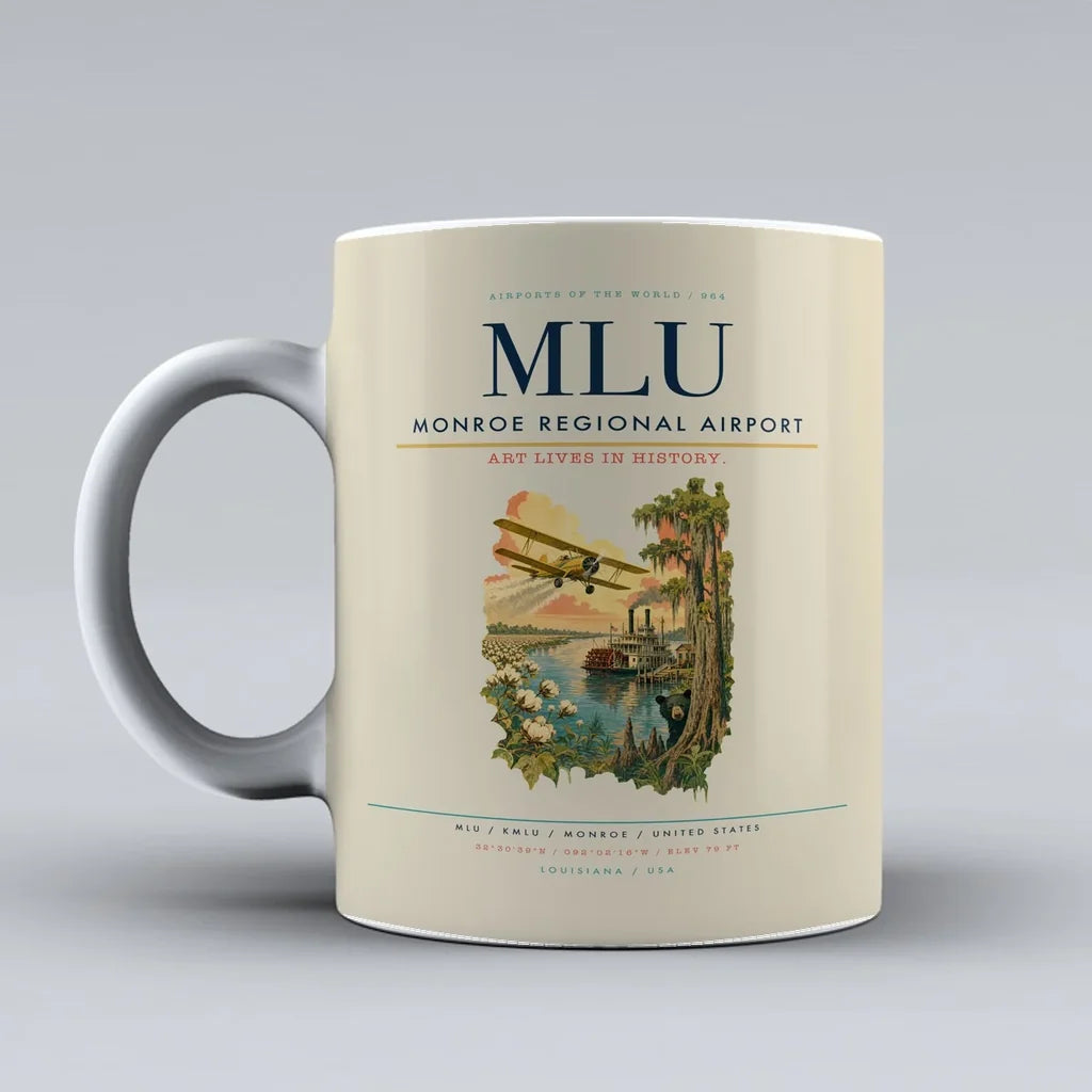 Monroe Regional Airport (MLU) airport code design on beige ceramic mug