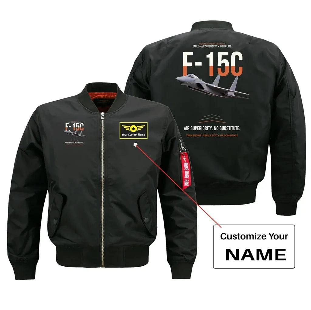 F-15C EAGLE design on black bomber with custom name badge