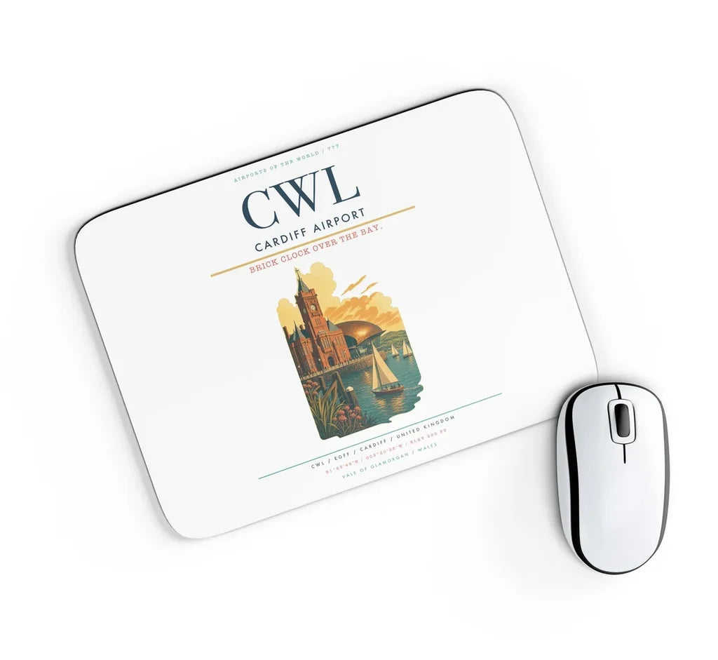 Cardiff Airport (CWL) design on white rectangle mouse pad