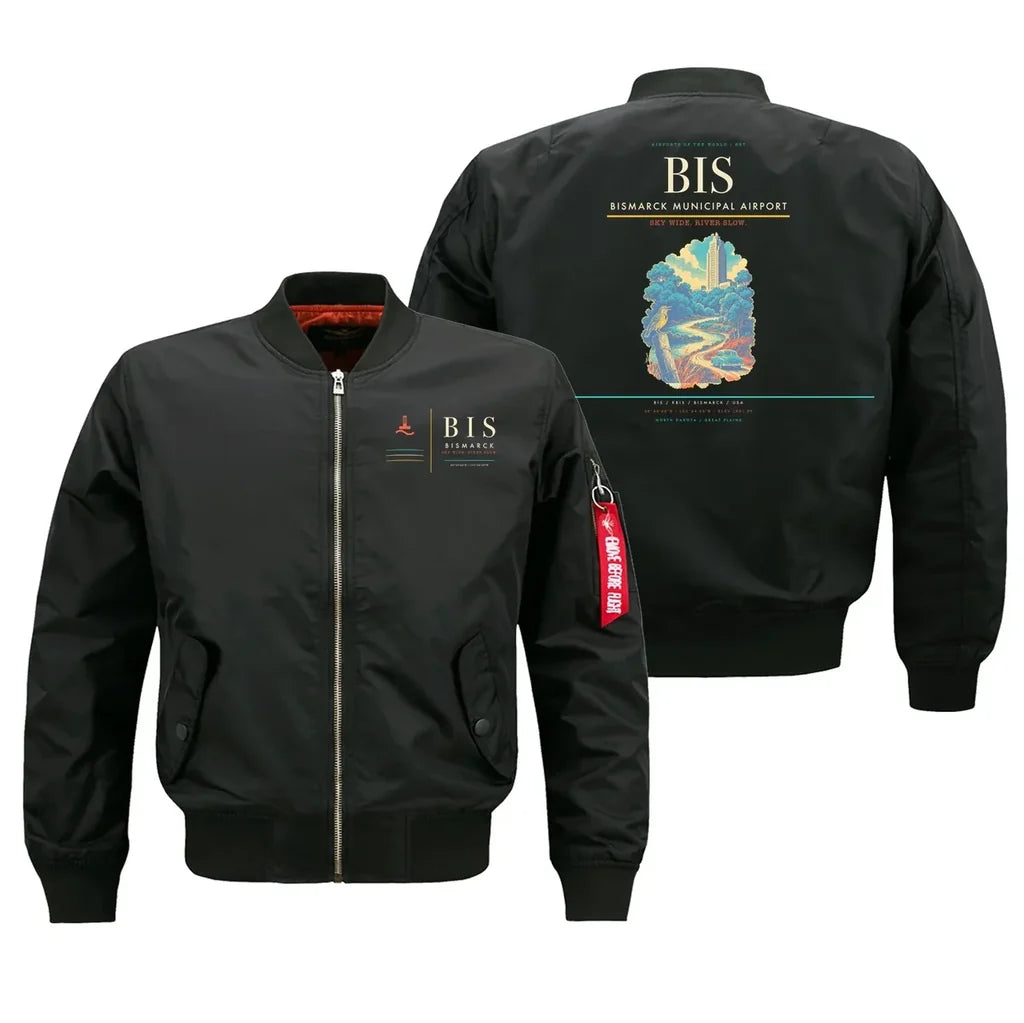 Bismarck Municipal Airport (BIS) design on black bomber jacket