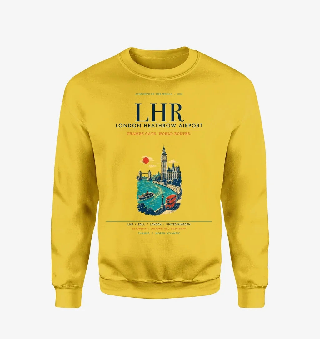 London Heathrow Airport (LHR) design on yellow sweatshirt