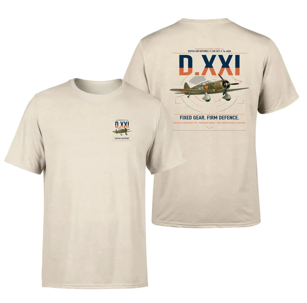 Fokker D.XXI — Dutch LVA aircraft 221 design on beige t-shirt, double-side print