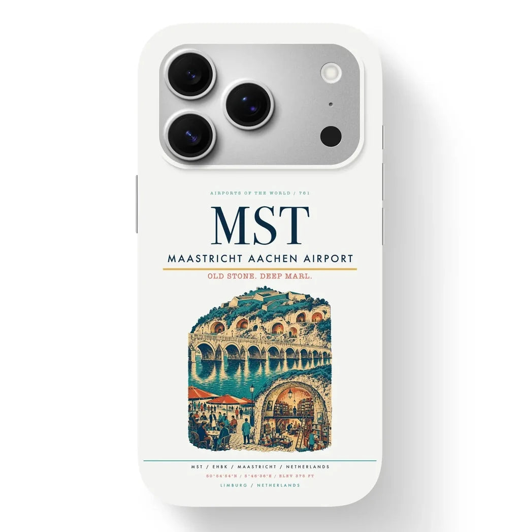 Maastricht Airport (MST) design on white iPhone 17 Pro MagSafe case