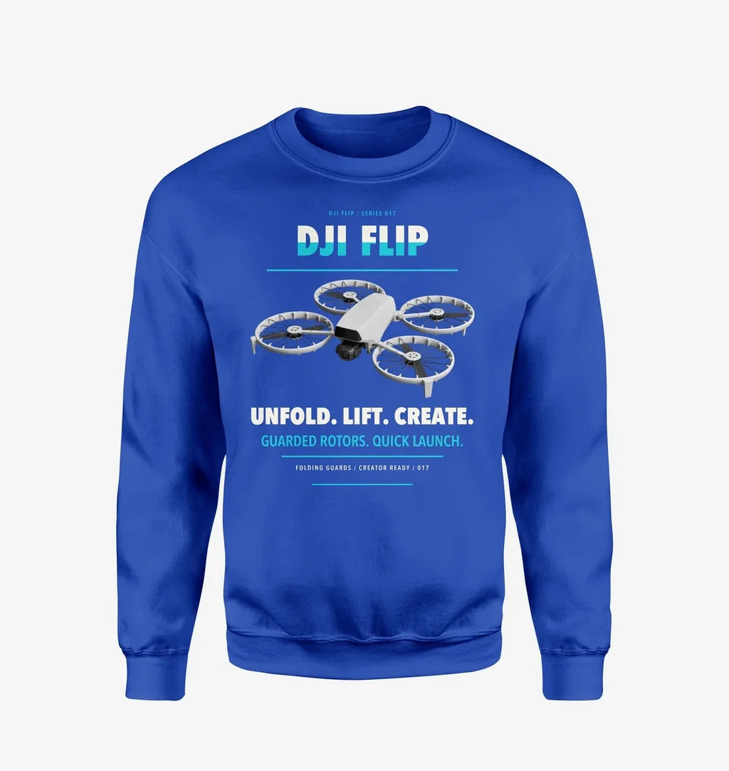 DJI Flip design on blue sweatshirt