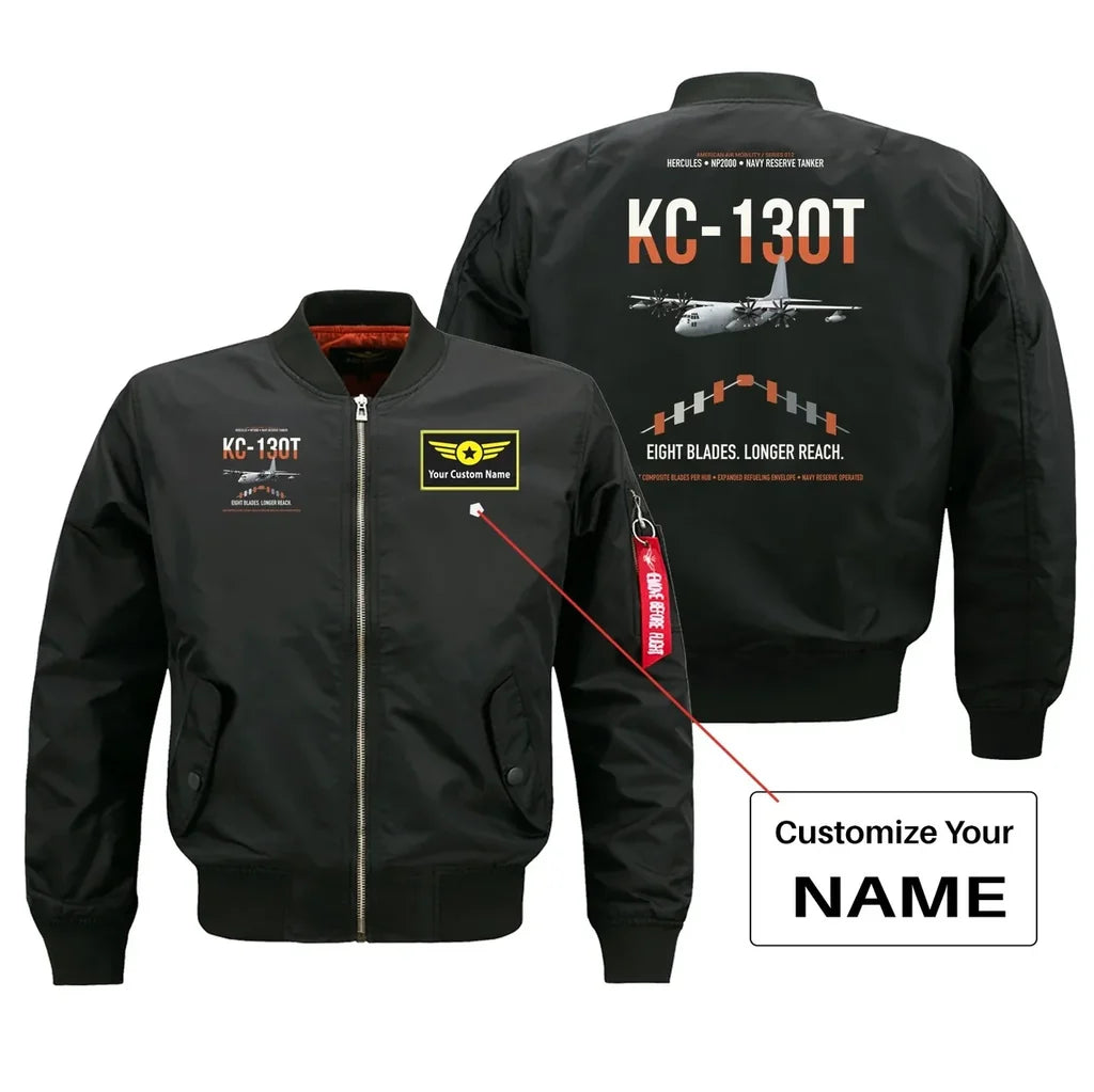KC-130T NP2000 design on black+name bomber jacket, double-side print