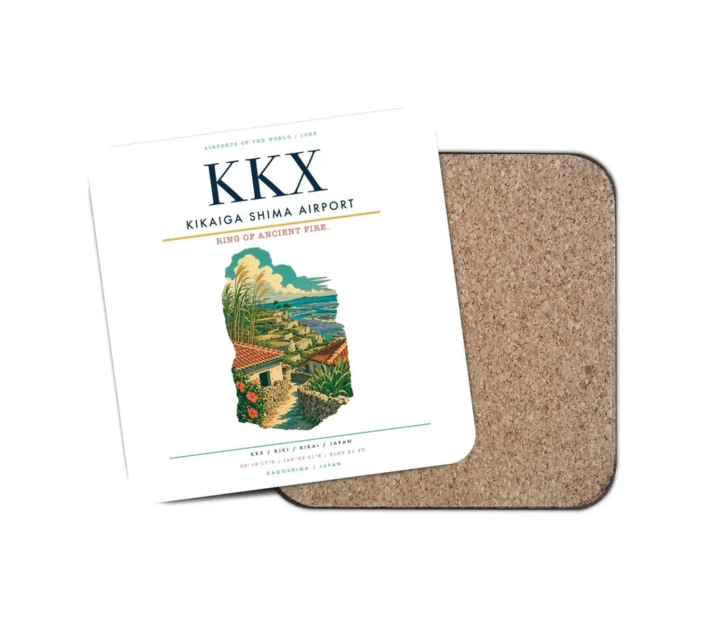 Kikaiga Shima Airport (KKX) design on white 1 piece coaster