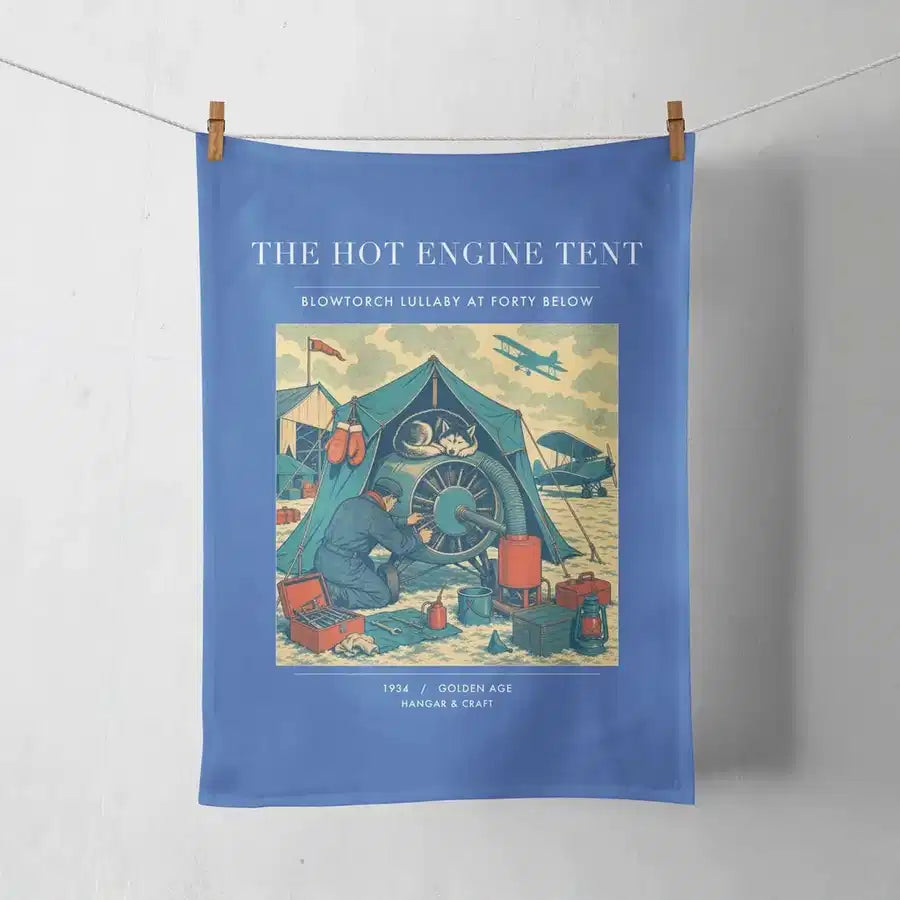 VINTAGE G4356 - The Hot Engine Tent - Designed Towels design on blue
