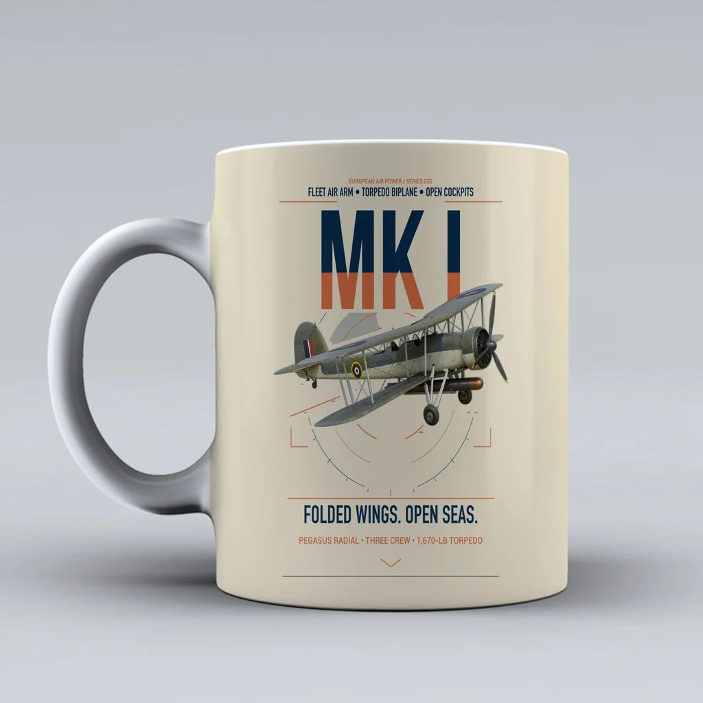 Fairey Swordfish Mk I design on beige ceramic mug, double-side print