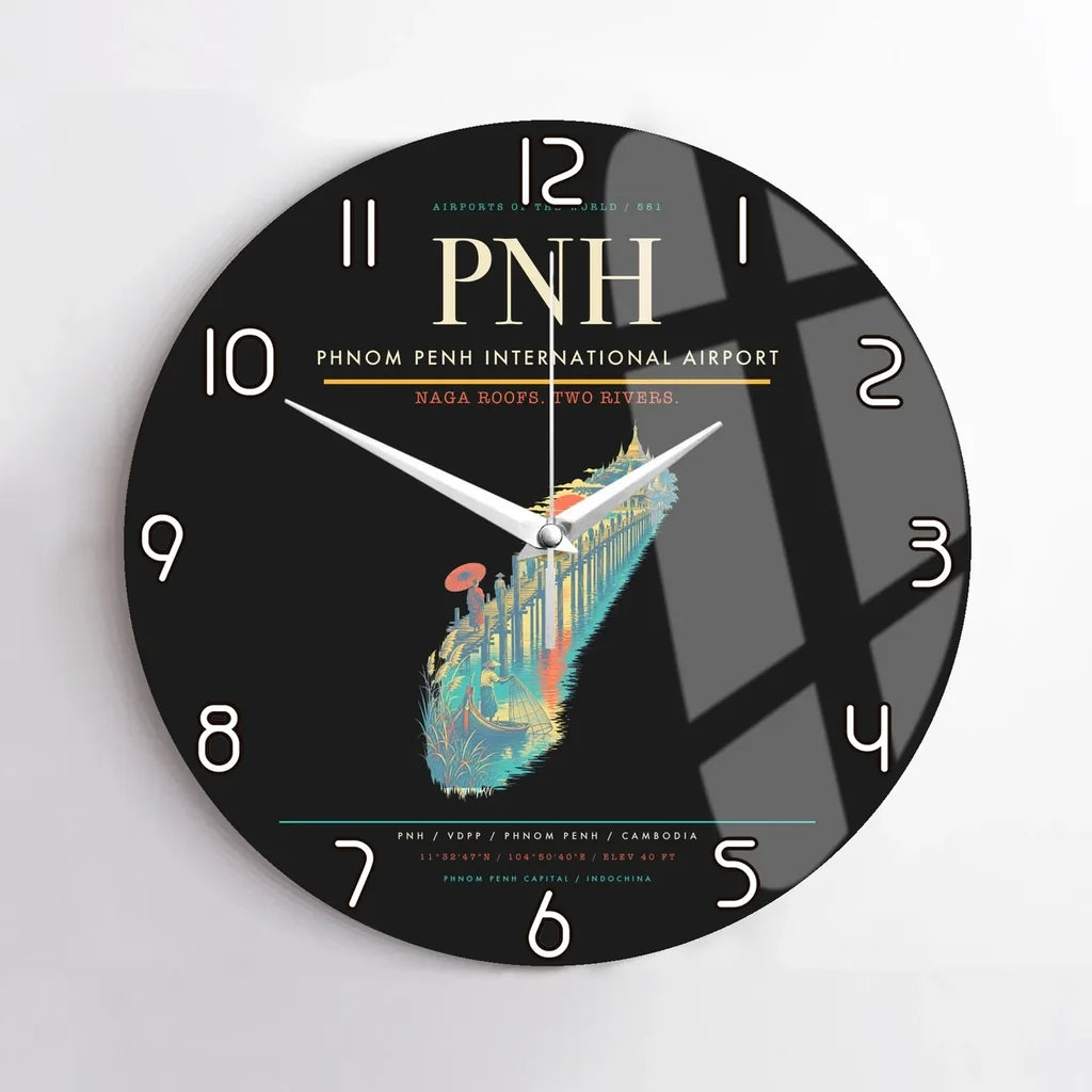 Phnom Penh International Airport (PNH) design on black no frame wall clock