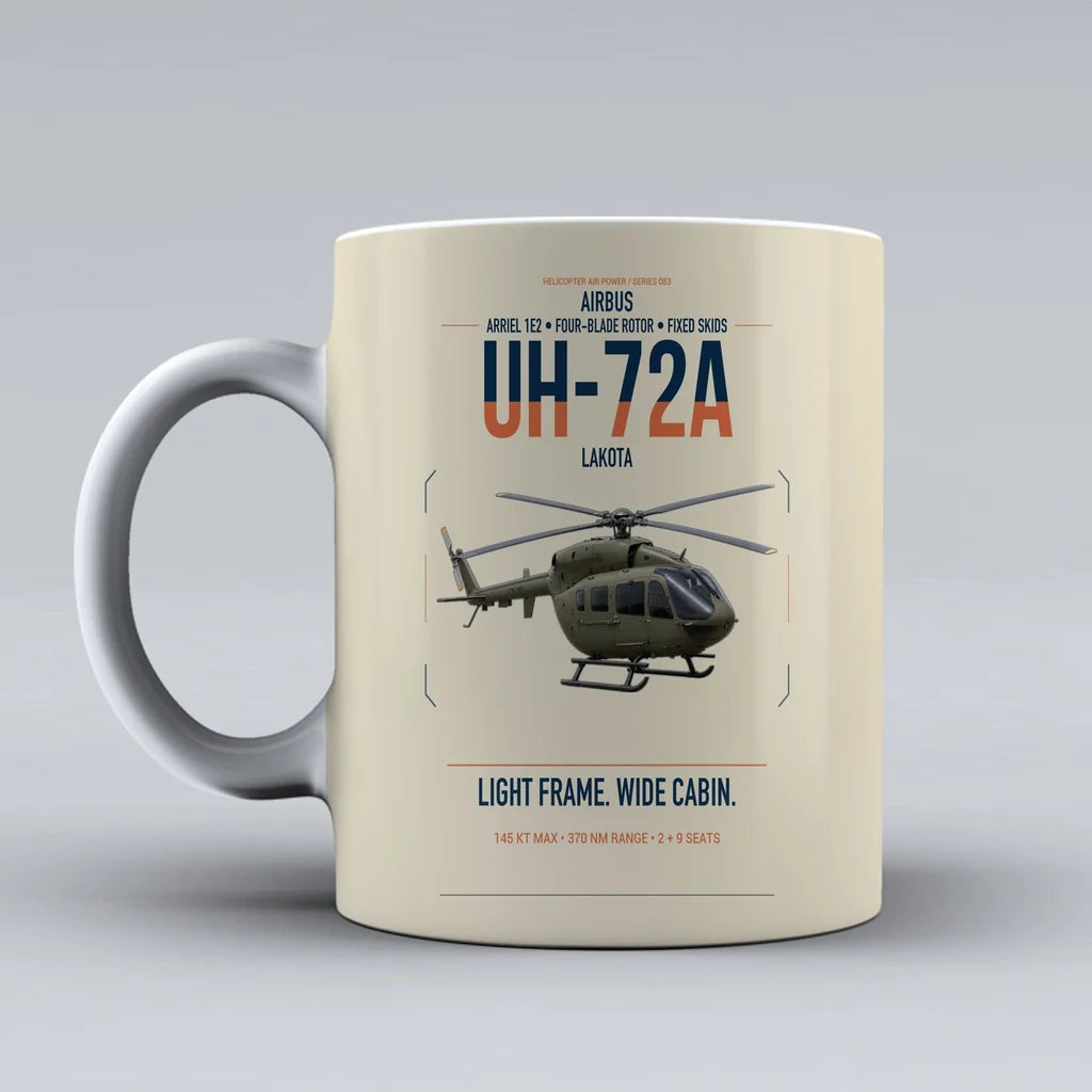 Airbus UH-72A Lakota design on beige ceramic mug, double-side print