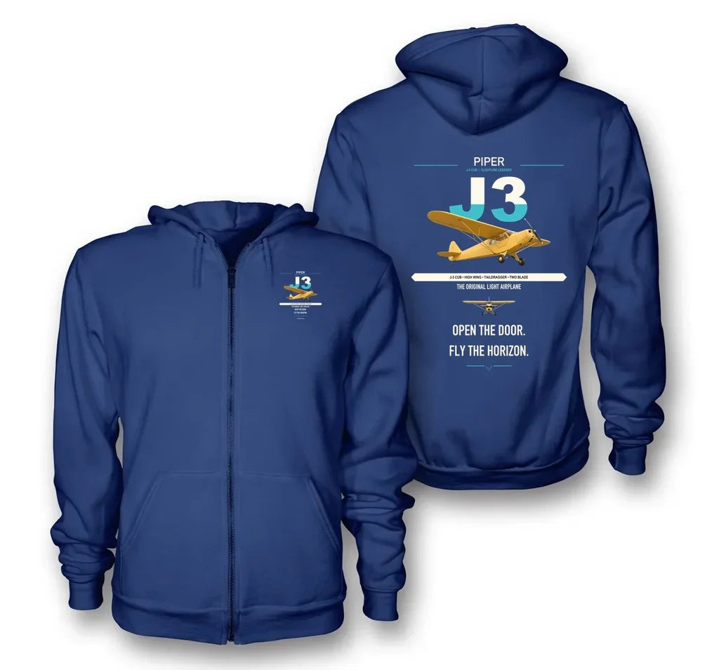 Piper J-3 Cub design on blue premium zipped hoodie, double-side print