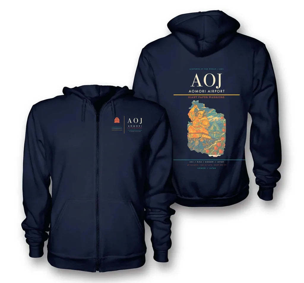 Aomori Airport (AOJ) design on navy blue premium zipped hoodie