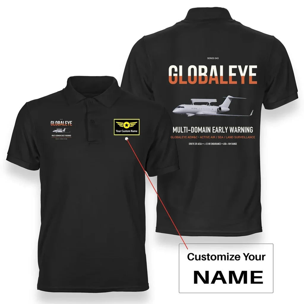 Saab GlobalEye design on black+name double-side polo t-shirt, double-side print