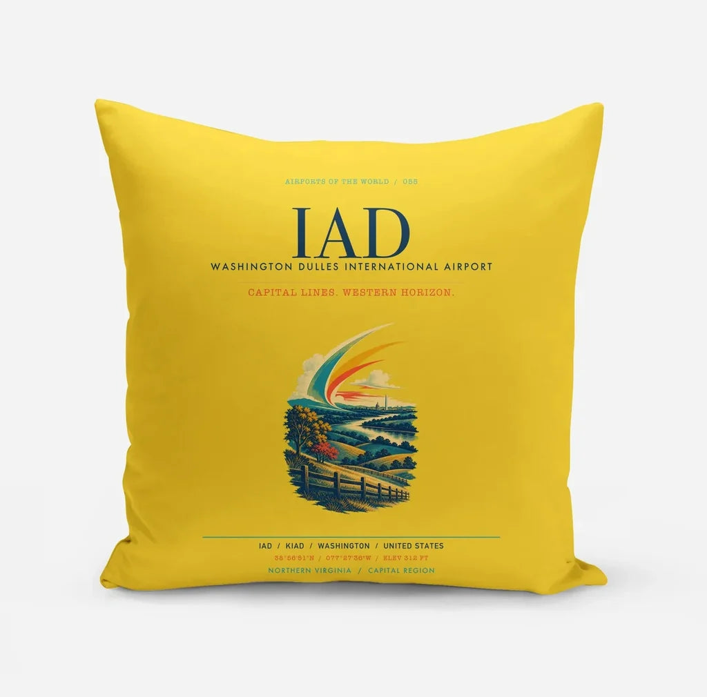 Washington Dulles International Airport (IAD) design on yellow pillow